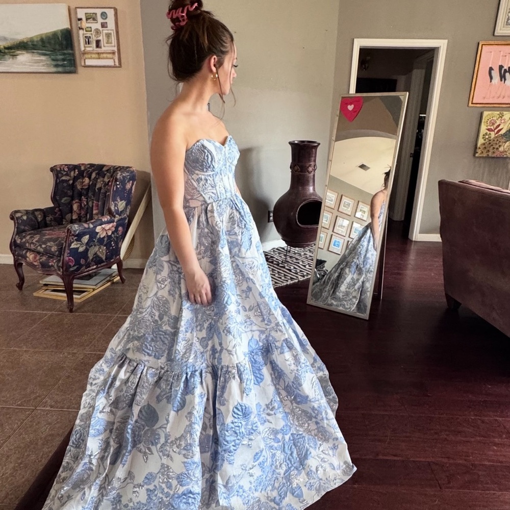 Blue and White Strapless Floral Gown